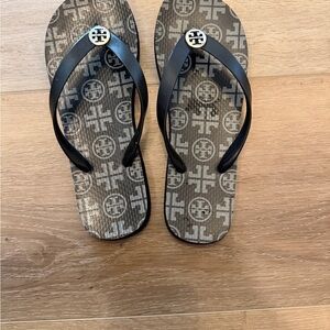 Tory Burch Black and Brown Logo Flip Flops